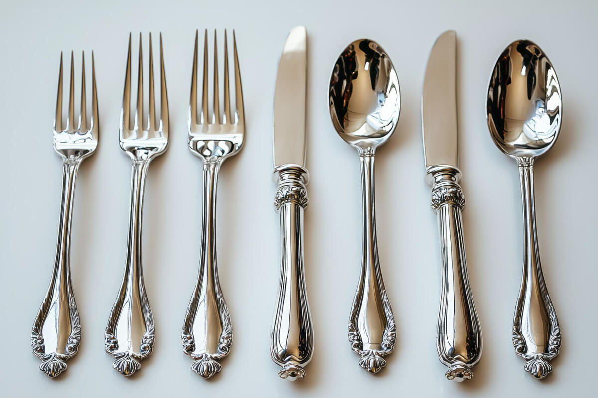 A collection of silver spoons and forks arranged neatly on a white background. 