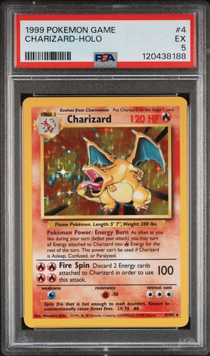 1999 Charizard Holo Pokémon Base Set card in PSA graded case.