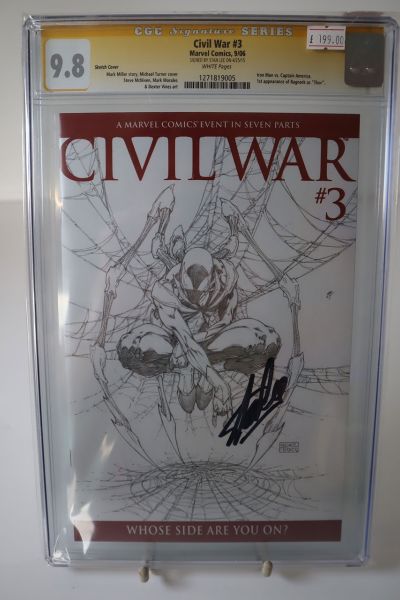 Vintage Marvel Civil War #3 comic book signed by Stan Lee, with Spider Man on the cover art.