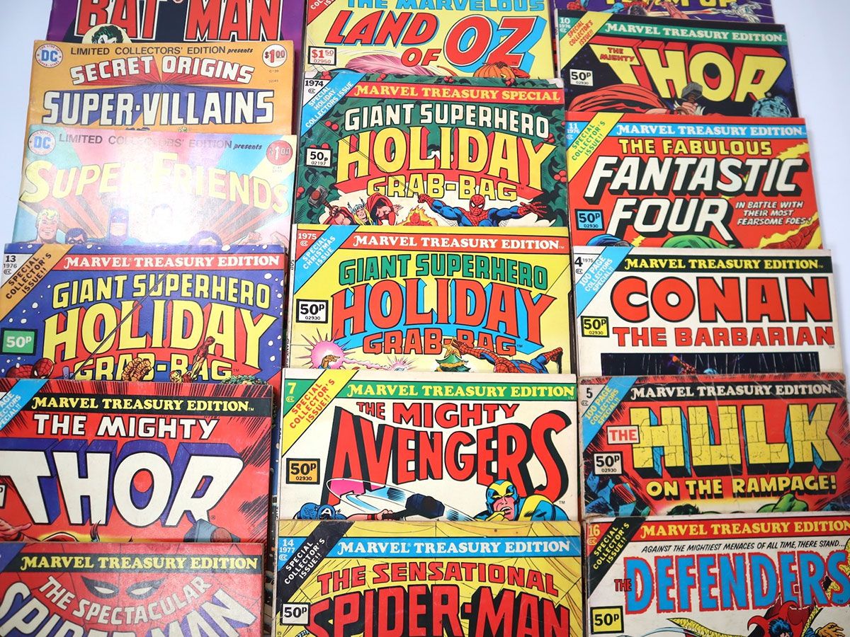 Collection of vintage Marvel and DC comic books featuring Thor, Spider-Man, The Avengers, Hulk, Fantastic Four and Conan the Barbarian